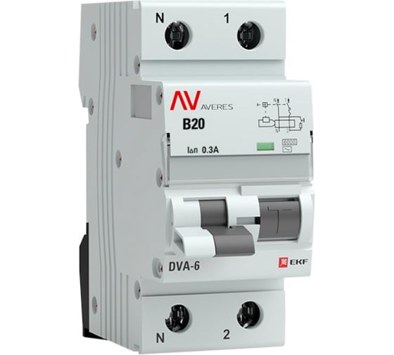 Дифференциальный автомат EKF DVA-6 1P+N 20А 300мА 6кА AVERES rcbo6-1pn-20B-300-ac-av