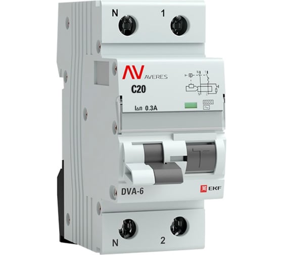 Дифференциальный автомат EKF DVA-6 1P+N 20А 300мА 6кА AVERES rcbo6-1pn-20C-300-ac-av