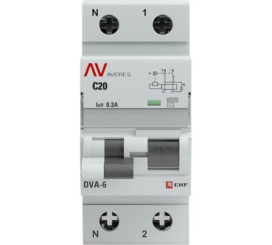 Дифференциальный автомат EKF DVA-6 1P+N 20А 300мА 6кА AVERES rcbo6-1pn-20C-300-ac-av