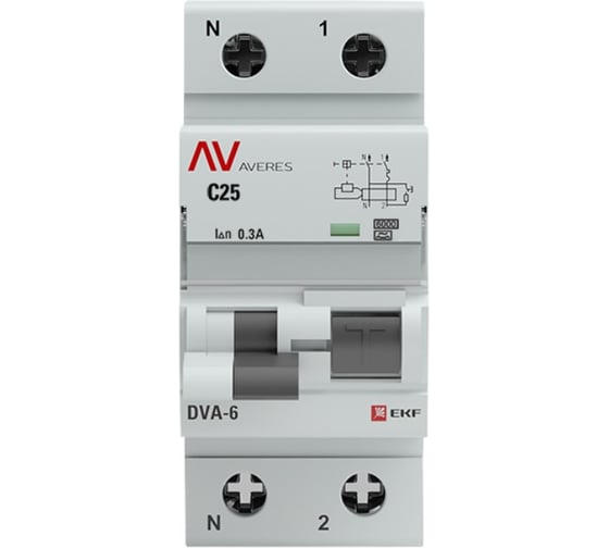 Дифференциальный автомат EKF DVA-6 1P+N 25А 300мА 6кА AVERES rcbo6-1pn-25C-300-a-av