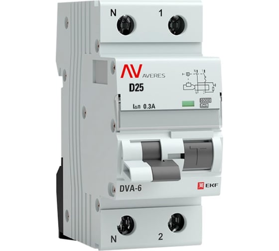 Дифференциальный автомат EKF DVA-6 1P+N 25А 300мА 6кА AVERES rcbo6-1pn-25D-300-a-av