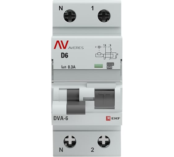 Дифференциальный автомат EKF DVA-6 1P+N 6А 300мА 6кА AVERES rcbo6-1pn-6D-300-a-av