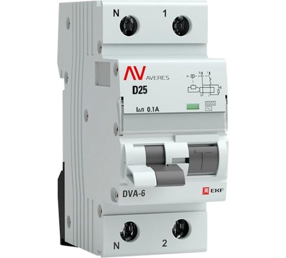 Дифференциальный автомат EKF DVA-6 1P+N 25А 100мА 6кА AVERES rcbo6-1pn-25D-100-ac-av