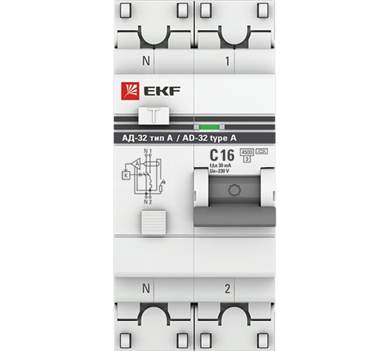Дифференциальный автомат EKF АД-32, 1P+N, 16А/30мА, (тип А) PROxima DA32-16-30-a-pro