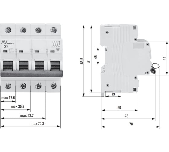 Автоматический выключатель EKF AV-6 DC 4P 20A 6kA AVERES mcb6-DC-4-20C-av