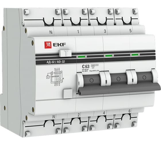 Дифференциальный автомат EKF, АД-32, 3P+N, 63А/30мА, 4.5кА, PROxima DA32-63-30-4P-pro 16144565