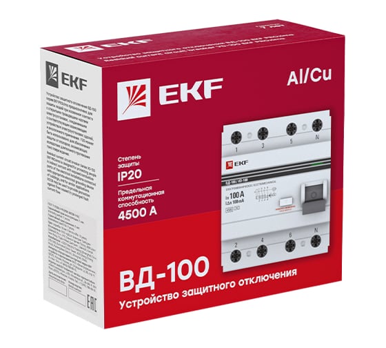 Устройство защитного отключения EKF УЗО, ВД-100, 4P, 80А/100мА, PROxima elcb-4-80-100-em-pro