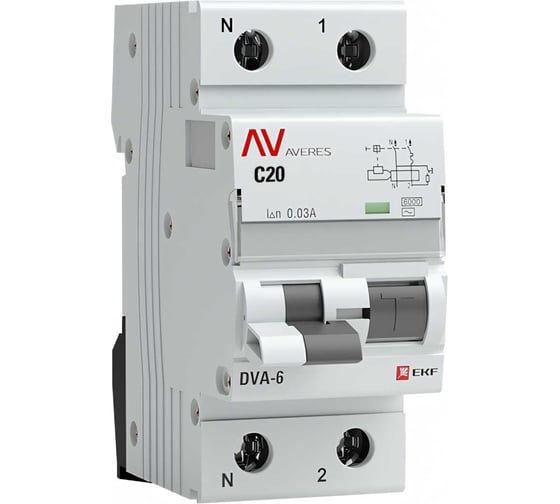 Дифференциальный автомат EKF DVA-6, 1P+N, 20А, 30мА, 6кА, AVERES SQ rcbo6-1pn-20C-30-ac-av