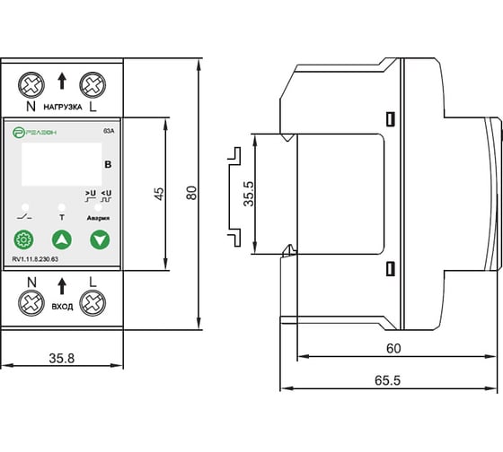 Реле контроля напряжения РЕЛЕОН 1L, 230В AC, 63А RV111823063