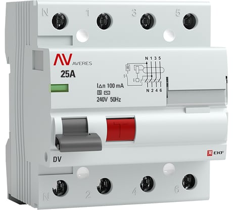 Устройство защитного отключения EKF DV, 4P, 25А/100мА, S AVERES, SQ rccb-4-25-100-s-av