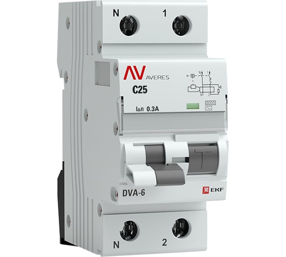 Дифференциальный автомат EKF DVA-6, 1P+N, 25А, 300мА, 6кА, AVERES, SQ rcbo6-1pn-25C-300-ac-av