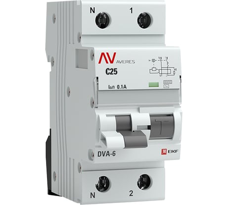 Дифференциальный автомат EKF DVA-6, 1P+N, 25А, 100мА, 6кА, AVERES, SQ rcbo6-1pn-25C-100-ac-av