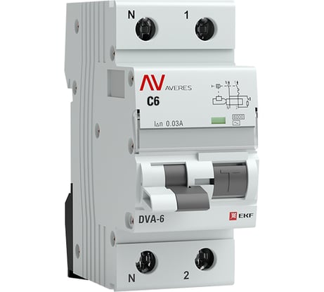 Дифференциальный автомат EKF DVA-6, 1P+N, 6А, 30мА, 6кА, AVERES, SQ rcbo6-1pn-6C-30-ac-av