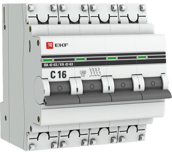 Автоматический выключатель EKF PROxima ВА 47-63, 4P, 16А (С), 4,5kA mcb4763-4-16C-pro