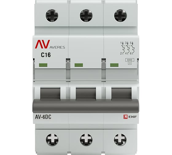 Автоматический выключатель EKF AVERES AV-6 DC, 3P, 16A, 6kA mcb6-DC-3-16C-av