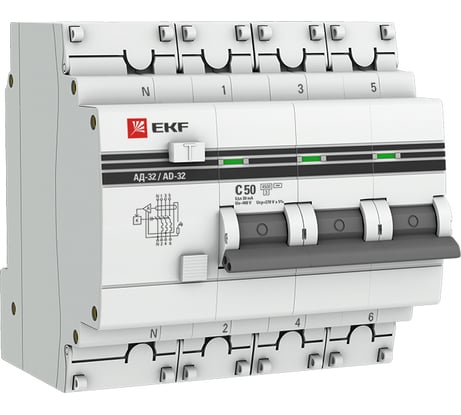 Дифференциальный автомат EKF АД-32, 3P+N, 50А/30мА, 4,5кА, PROxima, SQ DA32-50-30-4P-pro