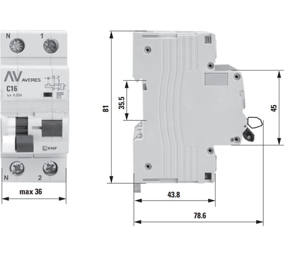 Дифференциальный автомат EKF DVA-6 1P+N 32А 30мА 6кА AVERES rcbo6-1pn-32D-30-a-av