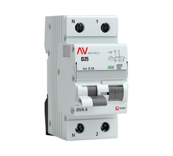 Дифференциальный автомат EKF AVERES DVA-6, 1P+N, 25А, 100мА, 6кА rcbo6-1pn-25D-100-a-av 1