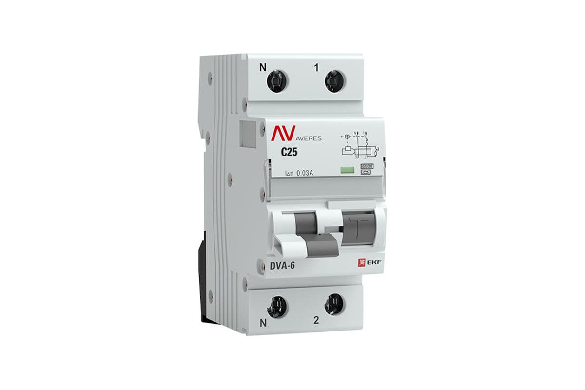 Дифференциальный автомат EKF AVERES DVA-6, 1P+N, 25А (С), 30мА (А), 6кА  rcbo6-1pn-25C-30-a-av - выгодная цена, отзывы, характеристики, 1 видео,  фото - купить в Москве и РФ