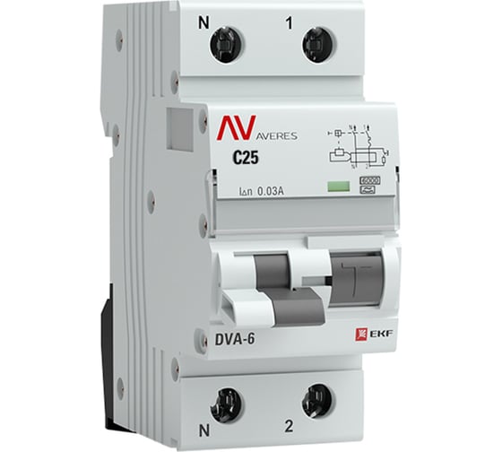 Дифференциальный автомат EKF AVERES DVA-6, 1P+N, 25А (С), 30мА (А), 6кА rcbo6-1pn-25C-30-a-av