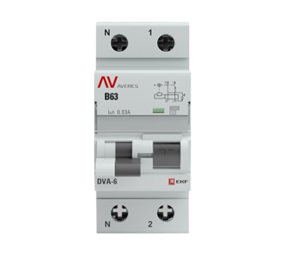 Дифференциальный автомат EKF AVERES DVA-6, 1P+N, 63А, 30мА, 6кА SQrcbo6-1pn-63B-30-ac-av
