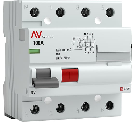Устройство защитного отключения EKF AVERES DV, 4P, 100А/100мА, A, SQ rccb-4-100-100-a-av 1