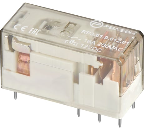 Низкопрофильное реле РЕЛЕОН 1 перекидной контакт 16А; 12В DC; прозрачный корпус RP361901201