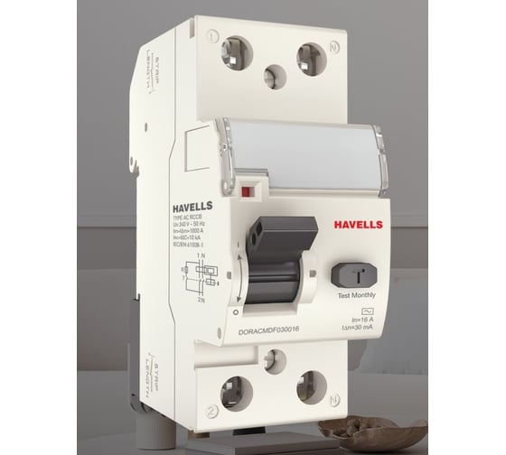 Устройство защитного отключения Havells 1P+N, In 16А, In 30 мА, Тип АС, 2М 7701655
