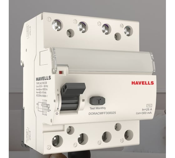 Устройство защитного отключения Havells 3P+N, In 25А, In 300 мА, Тип АС, 4М 7701656 1