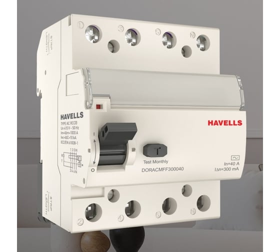Устройство защитного отключения Havells 3P+N, In 40А, In 300 мА, Тип АС, 4М 7701657 1