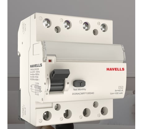 Устройство защитного отключения Havells 3P+N, In 40А, In 100 мА, Тип АС, 4М 7701659