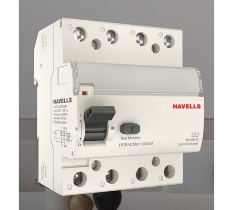 Устройство защитного отключения Havells 3P+N, In 25А, In 100 мА, Тип АС, 4М 7701658