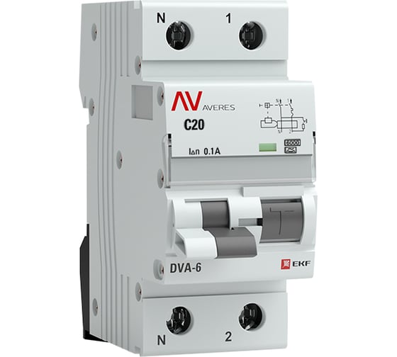 Дифференциальный автомат EKF AVERES DVA-6, 1P+N, 20А, 100мА, 6кА rcbo6-1pn-20C-100-a-av 1