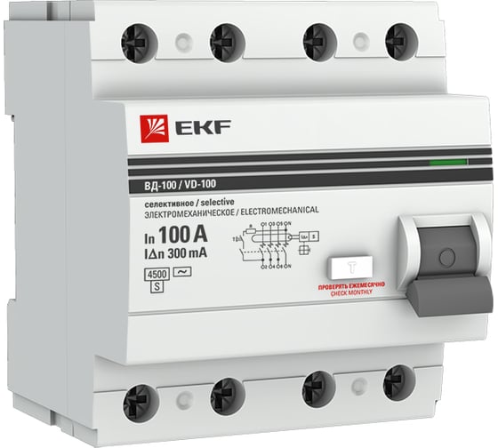Селективное устройство защитного отключения EKF 4P, 100А/300мА, PROxima elcb-4-100-300S-em-pro