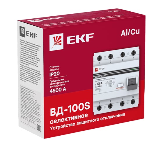 Селективное устройство защитного отключения EKF 4P, 100А/300мА, PROxima elcb-4-100-300S-em-pro