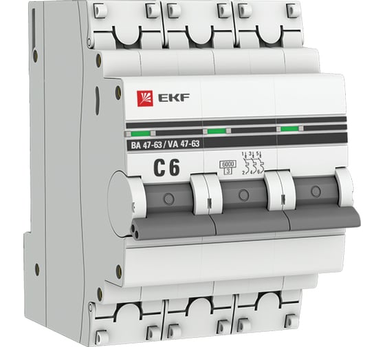 Автоматический выключатель EKF 3P, 6А, 6кА, ВА47-63, PROxima SQmcb4763-6-3-06C-pro 1