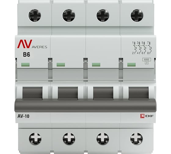 Автоматический выключатель EKF AV-10, 4P, 6A, 10kA, AVERES mcb10-4-06B-av