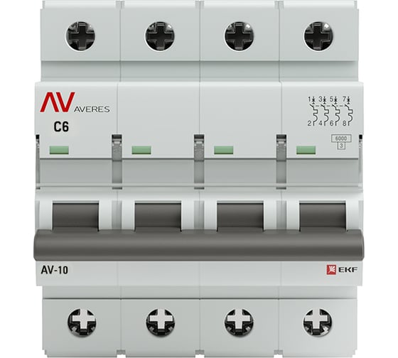 Автоматический выключатель EKF AV-10, 4P, 6A, 10kA, AVERES mcb10-4-06C-av