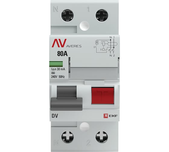 Устройство защитного отключения EKF DV, 2P, 80А/30мА, A AVERES rccb-2-80-30-a-av