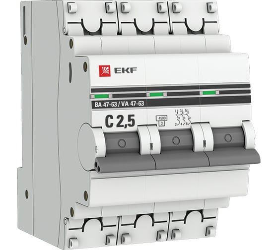 Автоматический выключатель EKF 3P, 2.5А, 4.5kA, ВА 47-63, PROxima mcb4763-3-2.5C-pro 1