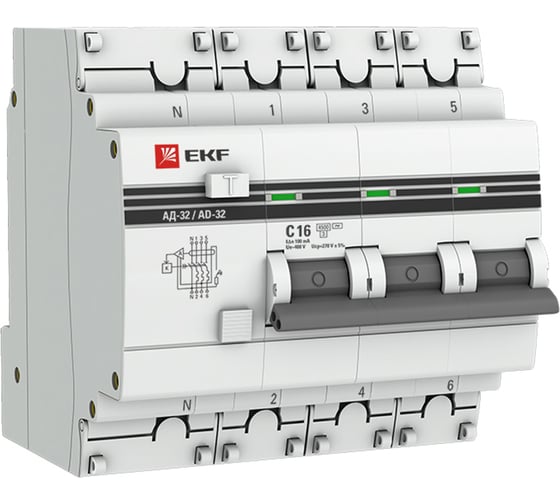 Дифференциальный автомат EKF АД-32, 3P+N, 16А/100мА, 4.5кА, PROxima 30 шт DA32-16-100-4P-pro 1