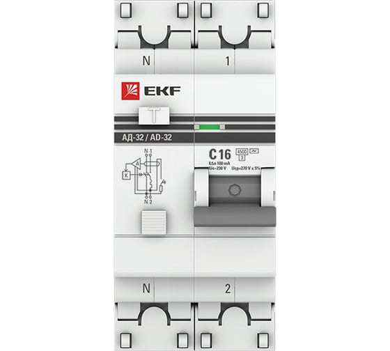 Дифференциальный автомат EKF АД-32, 1P+N, 16А/100мА, 4.5кА, PROxima DA32-16-100-pro