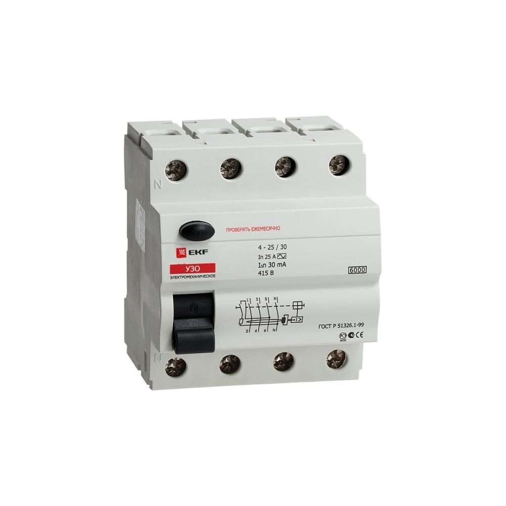 Устройство защитного отключения EKF УЗО, 6кА, 4P, 25А/30мА ...