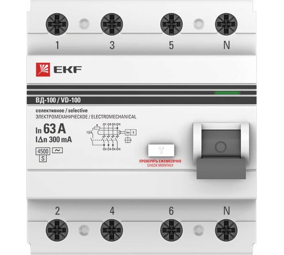 Селективное устройство защитного отключения EKF 4P, 63А/300мА, PROxima elcb-4-63-300S-em-pro