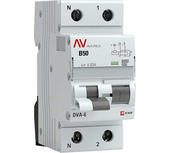 Дифференциальный автомат EKF DVA-6, 1P+N, 50А, 30мА, 6кА, AVERES SQ rcbo6-1pn-50B-30-a-av 1