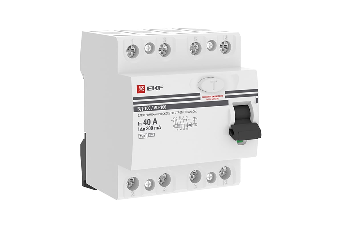 Устройство защитного отключения EKF УЗО ВД-100, 4P, 40А/300мА,  (электромеханическое) PROxima elcb-4-40-300-em-pro - выгодная цена, отзывы,  характеристики, фото - купить в Москве и РФ