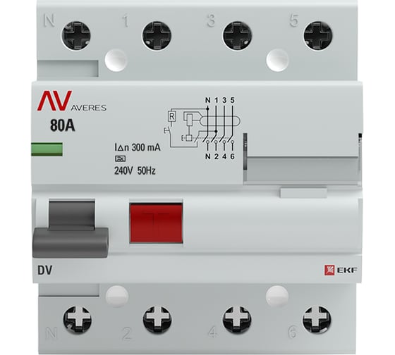 Устройство защитного отключения EKF AVERES DV, 4P, 80А/300мА, A rccb-4-80-300-a-av
