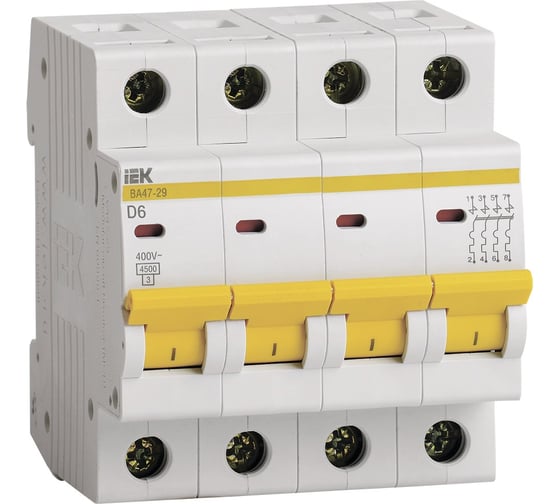 Автоматический выключатель IEK ВА47-29, 4Р, 6А, 4,5кА, х-ка D MVA20-4-006-D