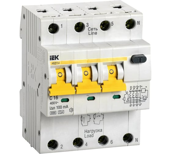 Автоматический выключатель дифф. тока IEK АВДТ 34 C16 100мА MAD22-6-016-C-100 1