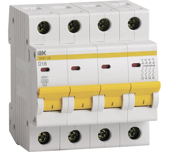 Автоматический выключатель IEK ВА47-29, 4Р, 16А, 4,5кА, х-ка D MVA20-4-016-D 1